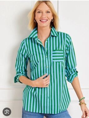 Talbots Green and Aqua Stripe Button-Up Shirt - XL